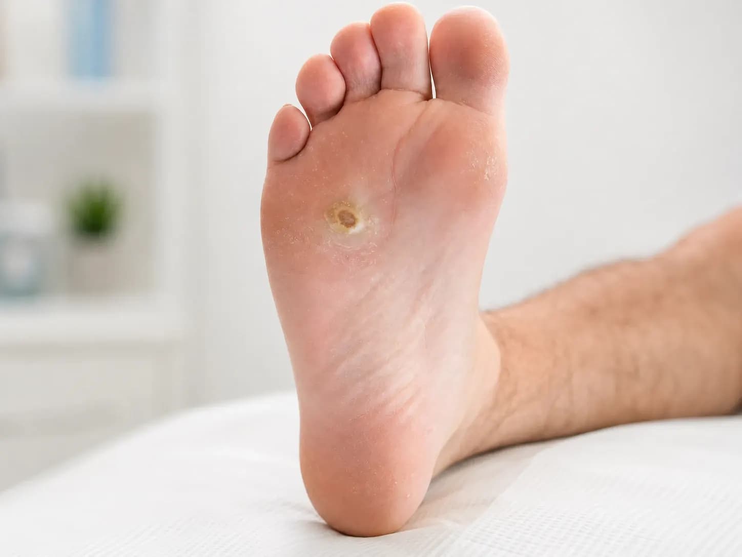 De voet van een cliënt tijdens een wratbehandeling in de praktijk