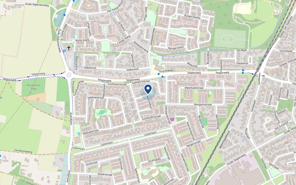 Kaart van de omgeving van de Kanariehof in Ermelo, met de praktijk gemarkeerd